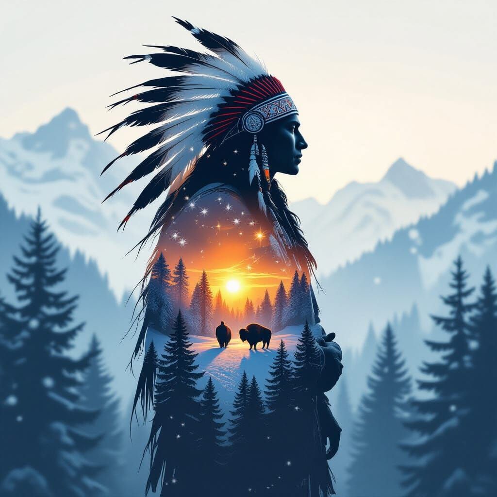 Native Spirit Guide in Snowy Wilderness Double Exposure