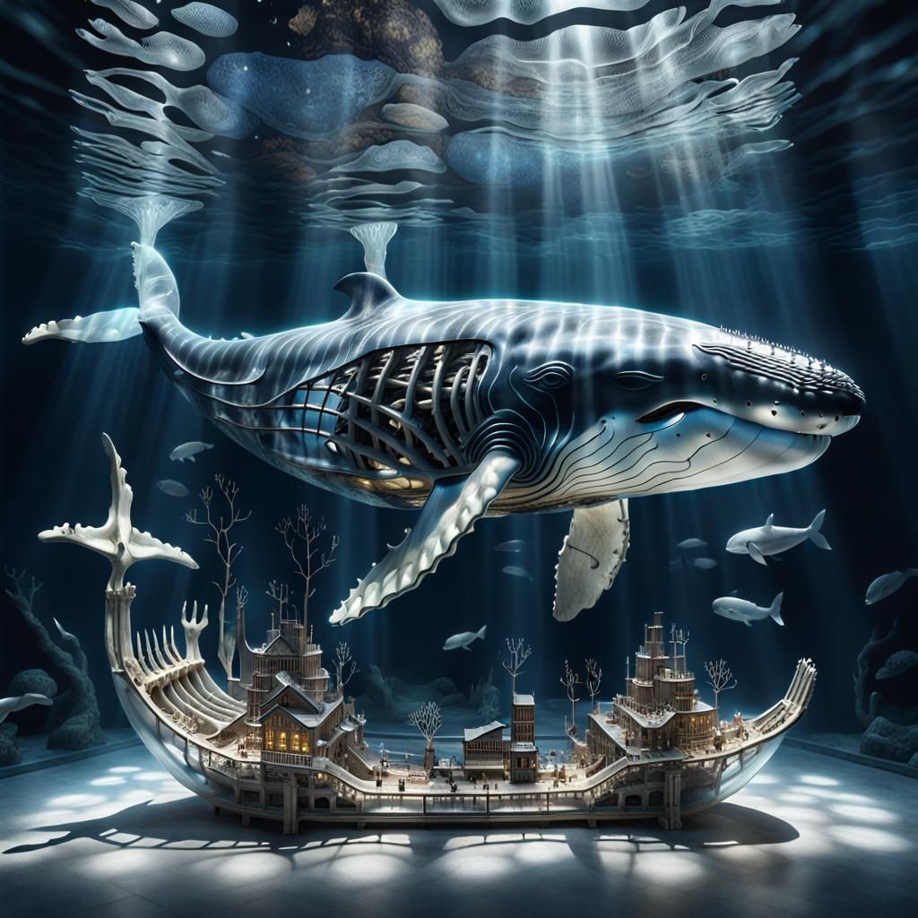 Transparent Whale Mother and Child in Atmospheric Lighting