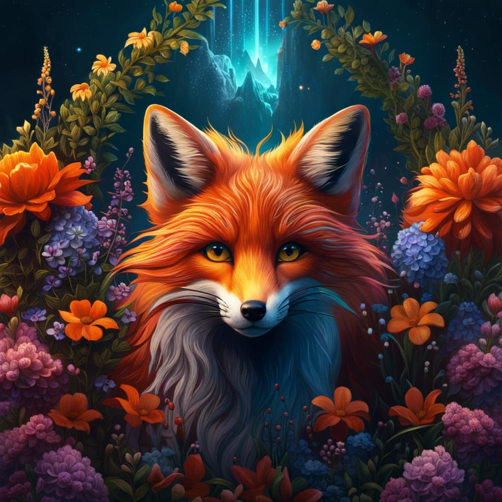 Magical Fox with Flowers, Fantasy Concept Art