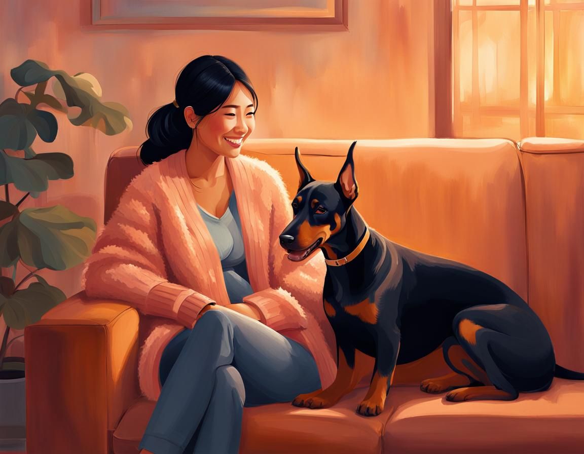 Woman and Doberman in Cozy Digital Painting