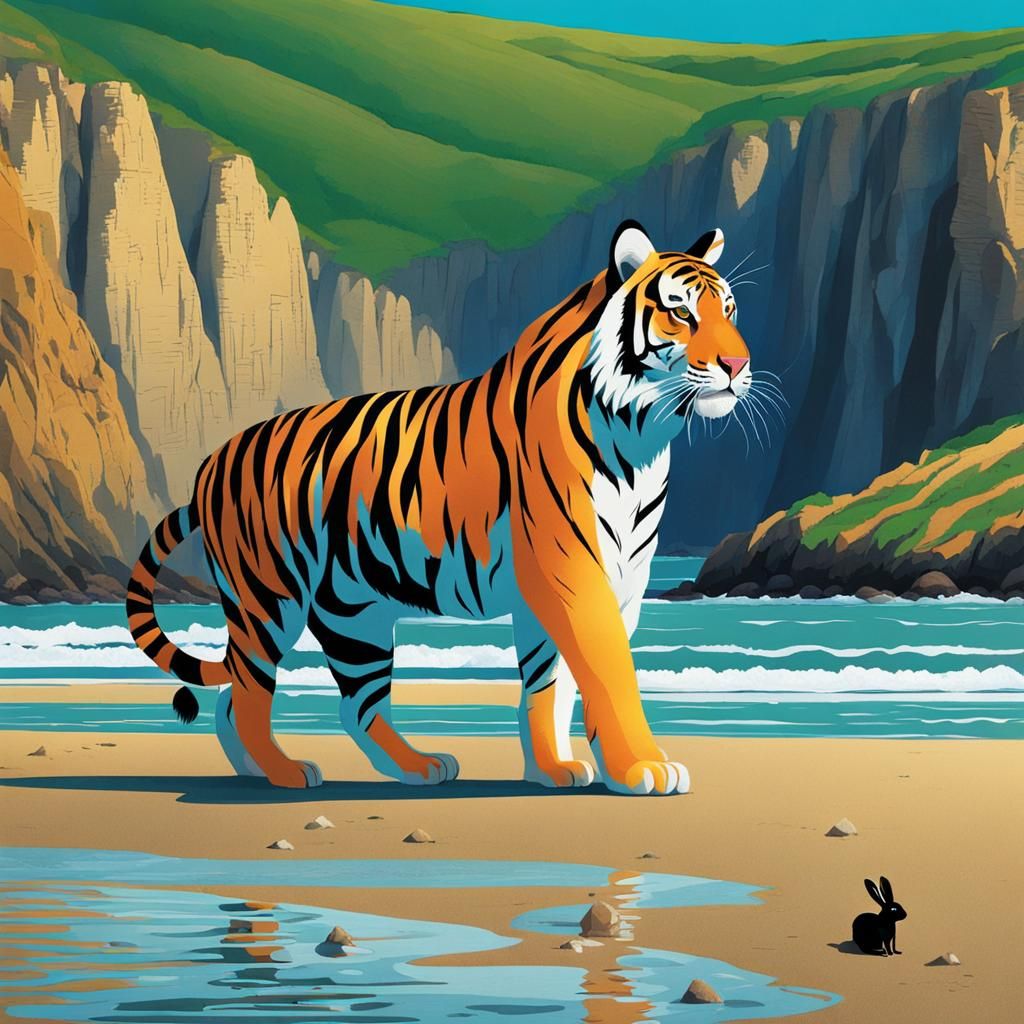 Blue Striped Tiger Hunting on a Cliffside Beach
