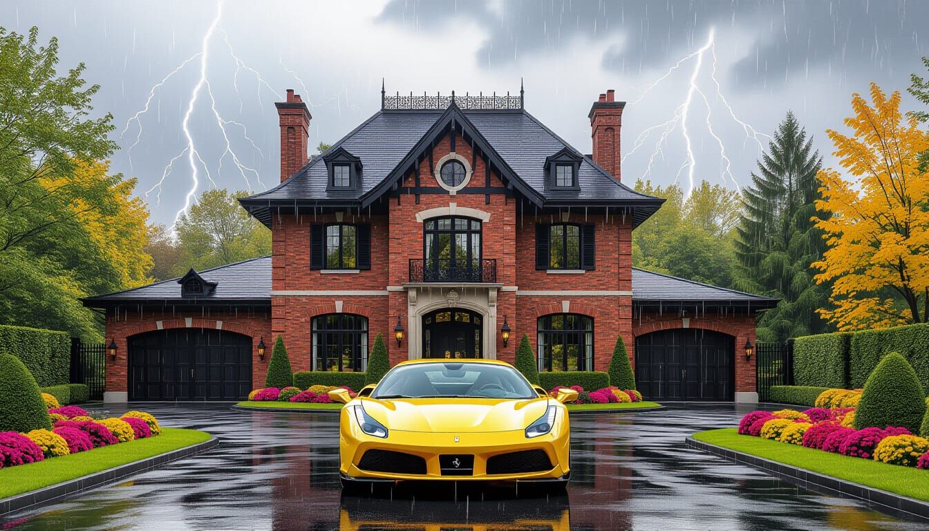 Victorian Chateau with Yellow Ferrari in Stormy Rain
