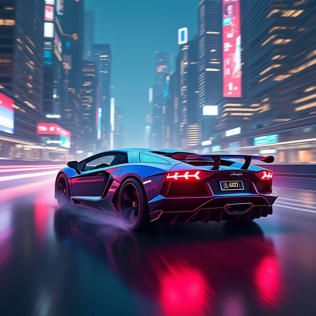 Luxury Lamborghini Speeds Through Futuristic Cityscape