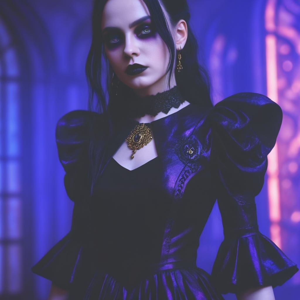Gothic woman with black gothic dress and black hair and purp...