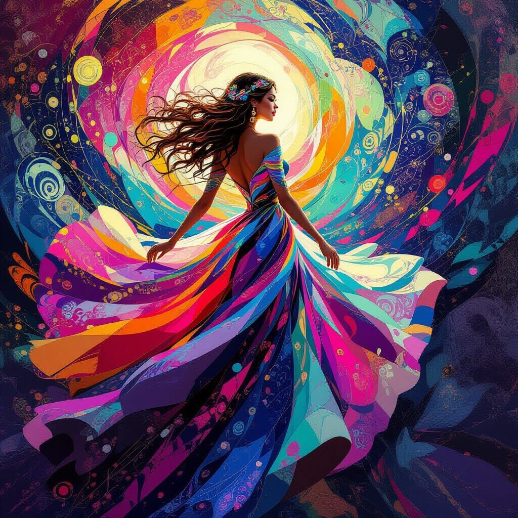 Kaleidoscopic Woman in Iridescent Gown: Digital Art