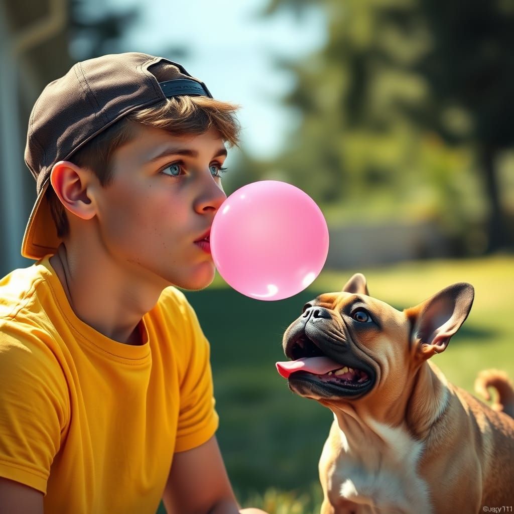 Young Man Blows Giant Pink Bubble Gum Bubble on Sunny Aftern...