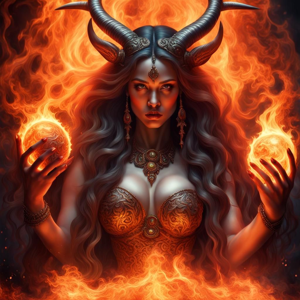 Hyperrealistic Hell Goddess Holding Fire