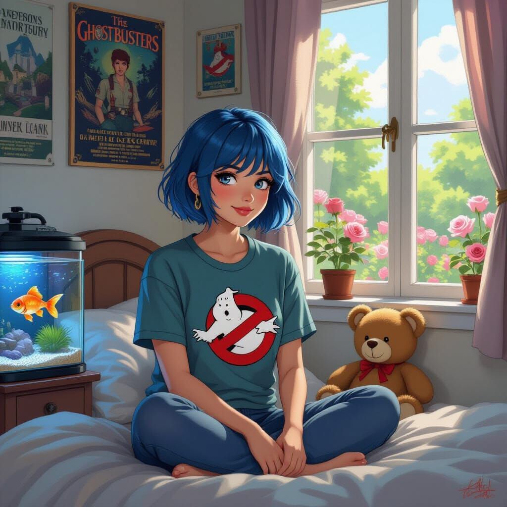 Ghostbusters Girl in Cozy Room, Surreal Pop Art