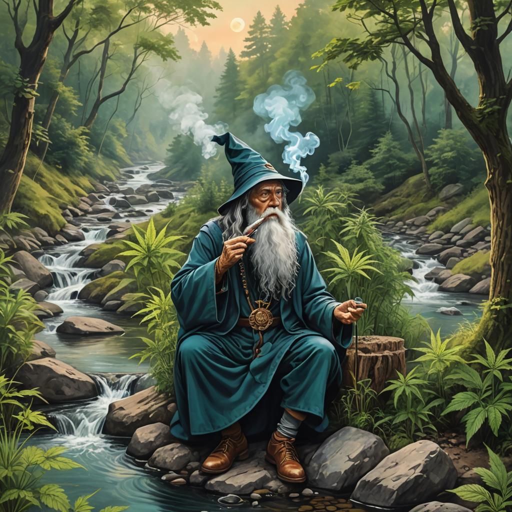 wizard smoking and overlooking a stream