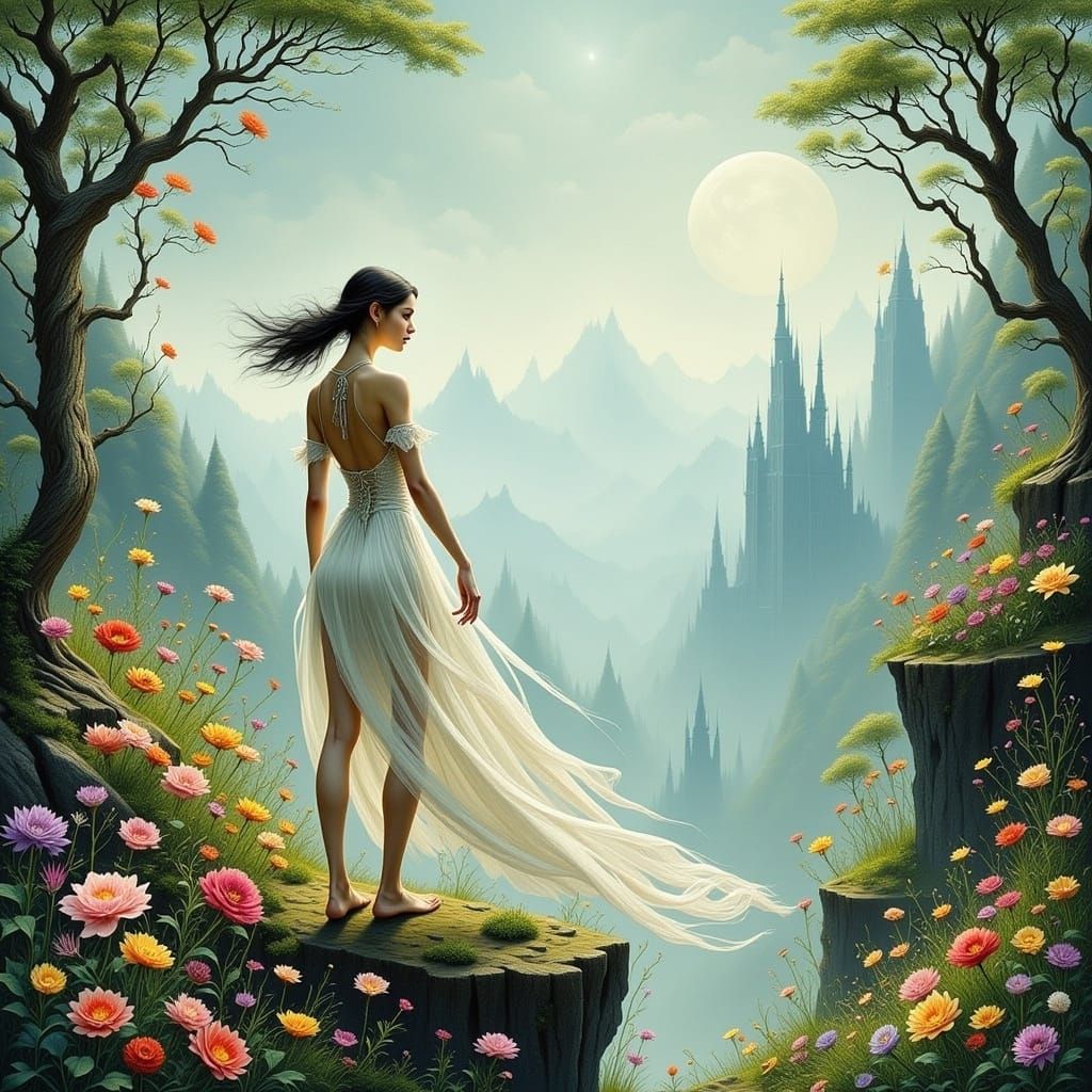 Ethereal Woman on Misty Cliff in Art Nouveau Style