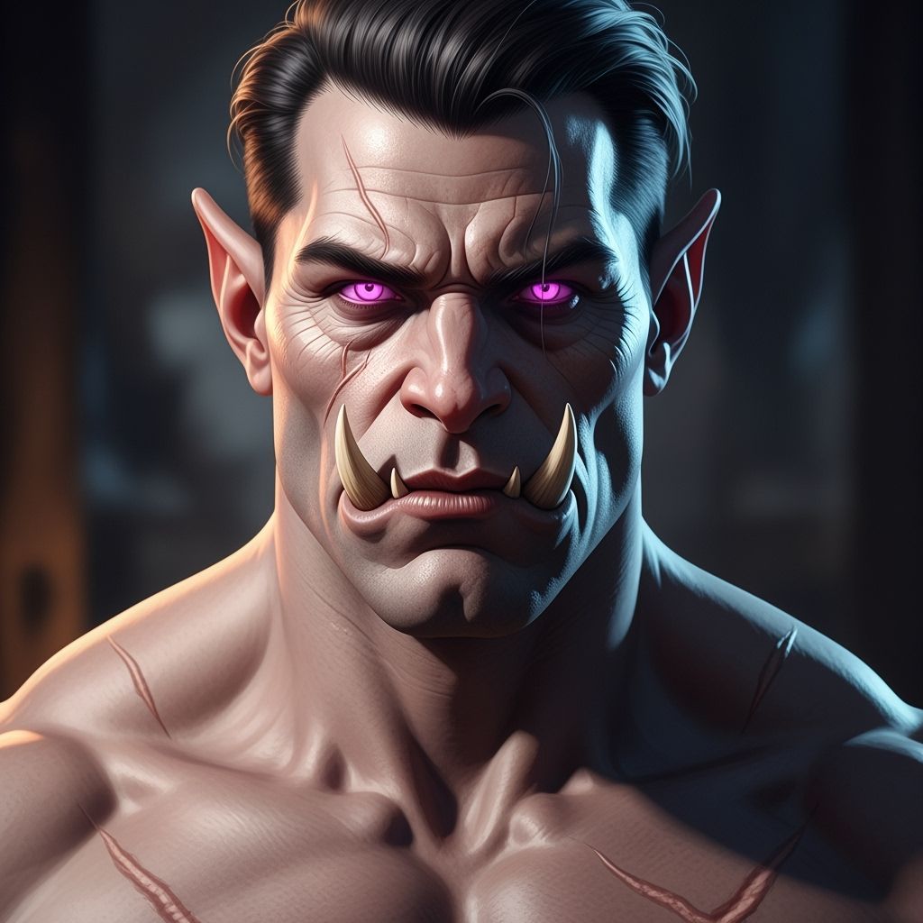 Half-Orc Man with Pink Eyes and White Skin