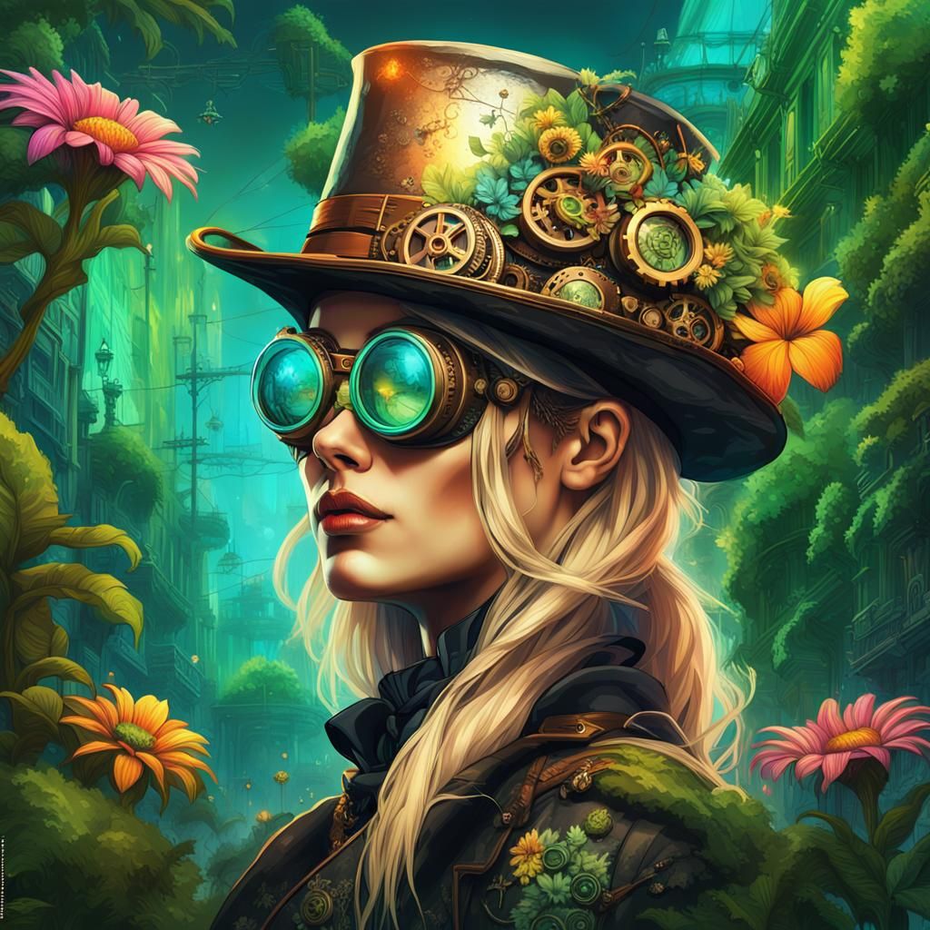 Steampunk Woman in Neon City, Hyperrealistic Portrait