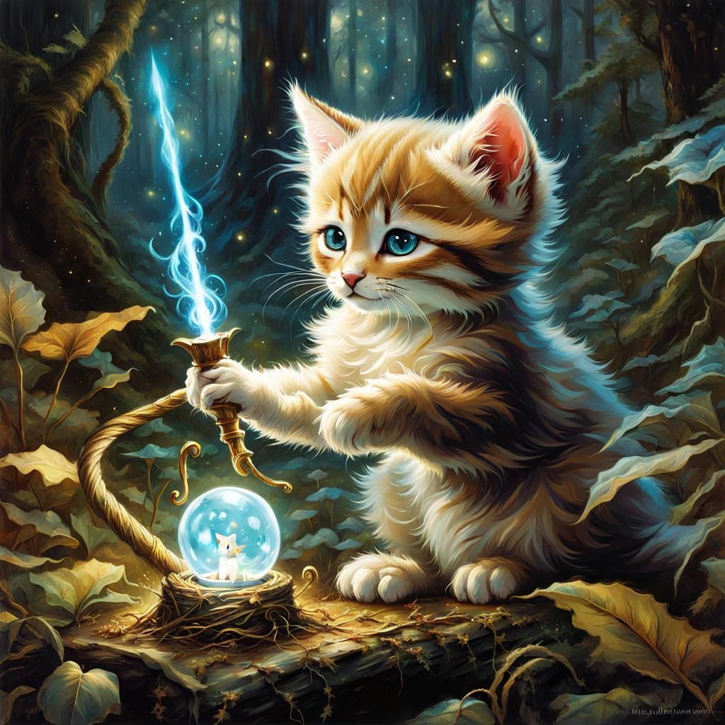 Enchanted Kitten Casting Spell in Fantasy Forest