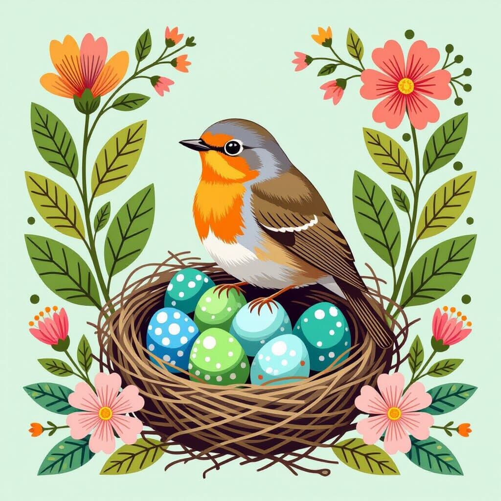 Robin on Nest with Speckled Eggs