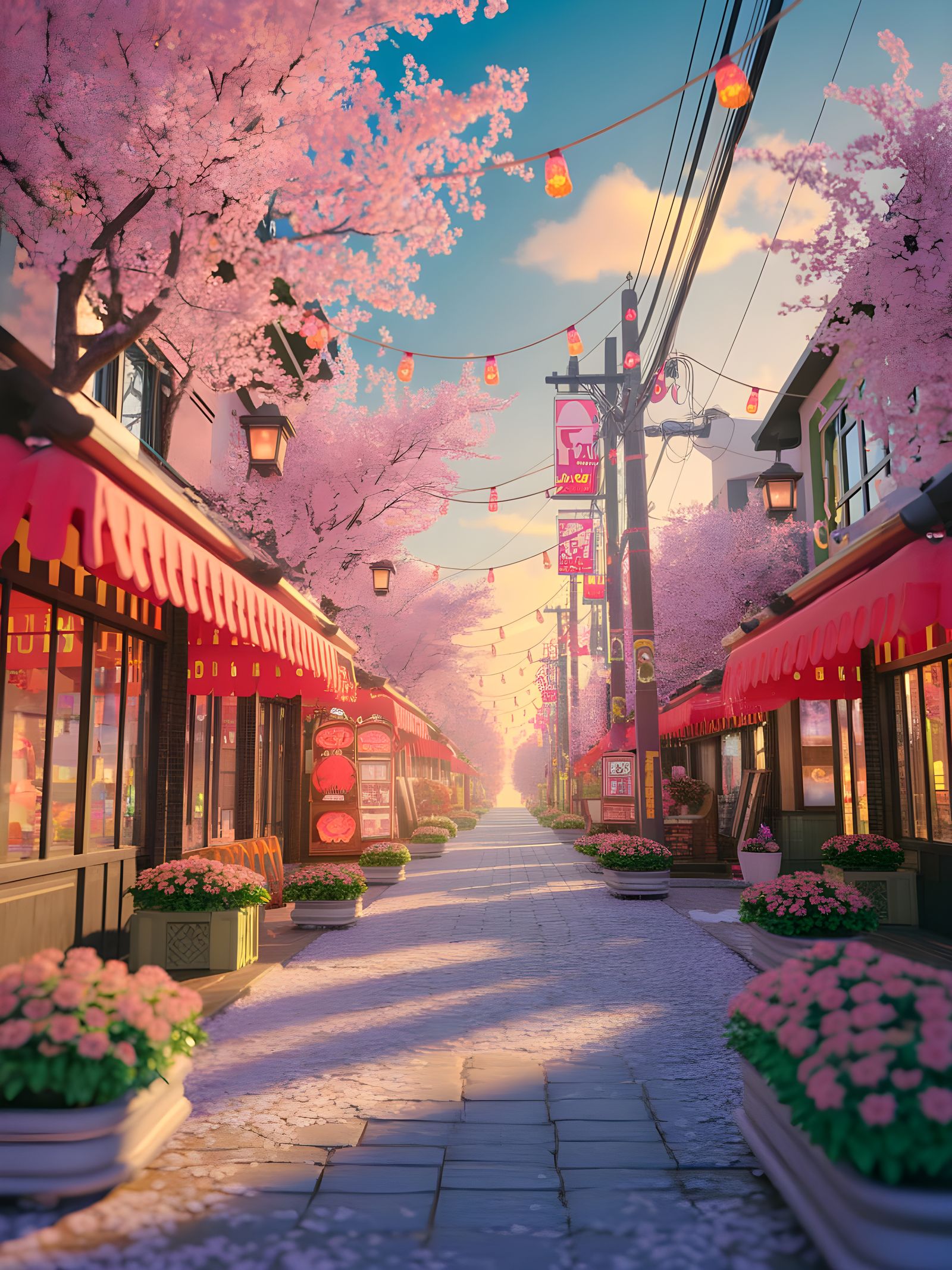 Vibrant Japanese Street Scene with Cherry Blossoms
