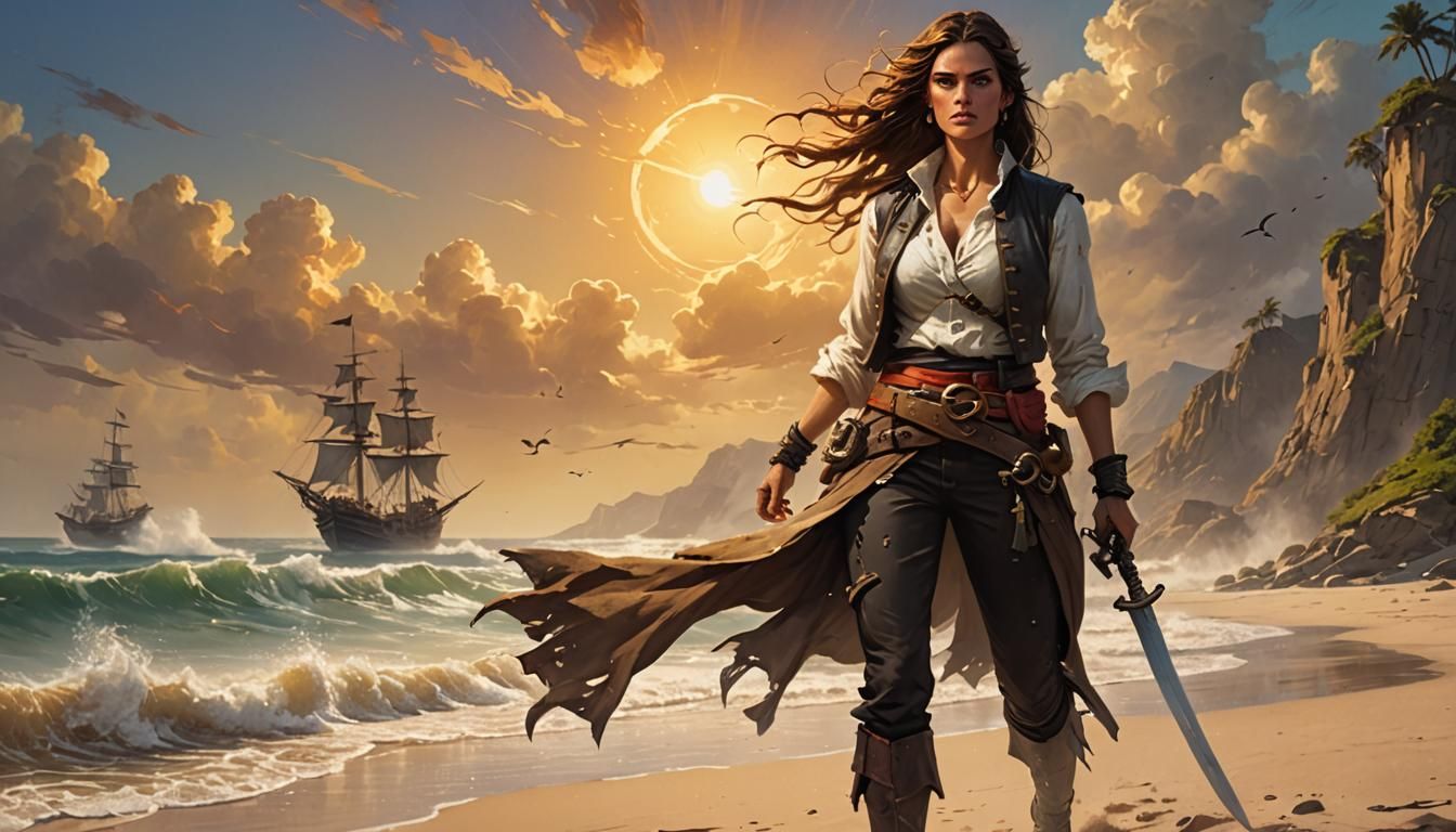 Fierce Pirate Woman on a Stormy Beach