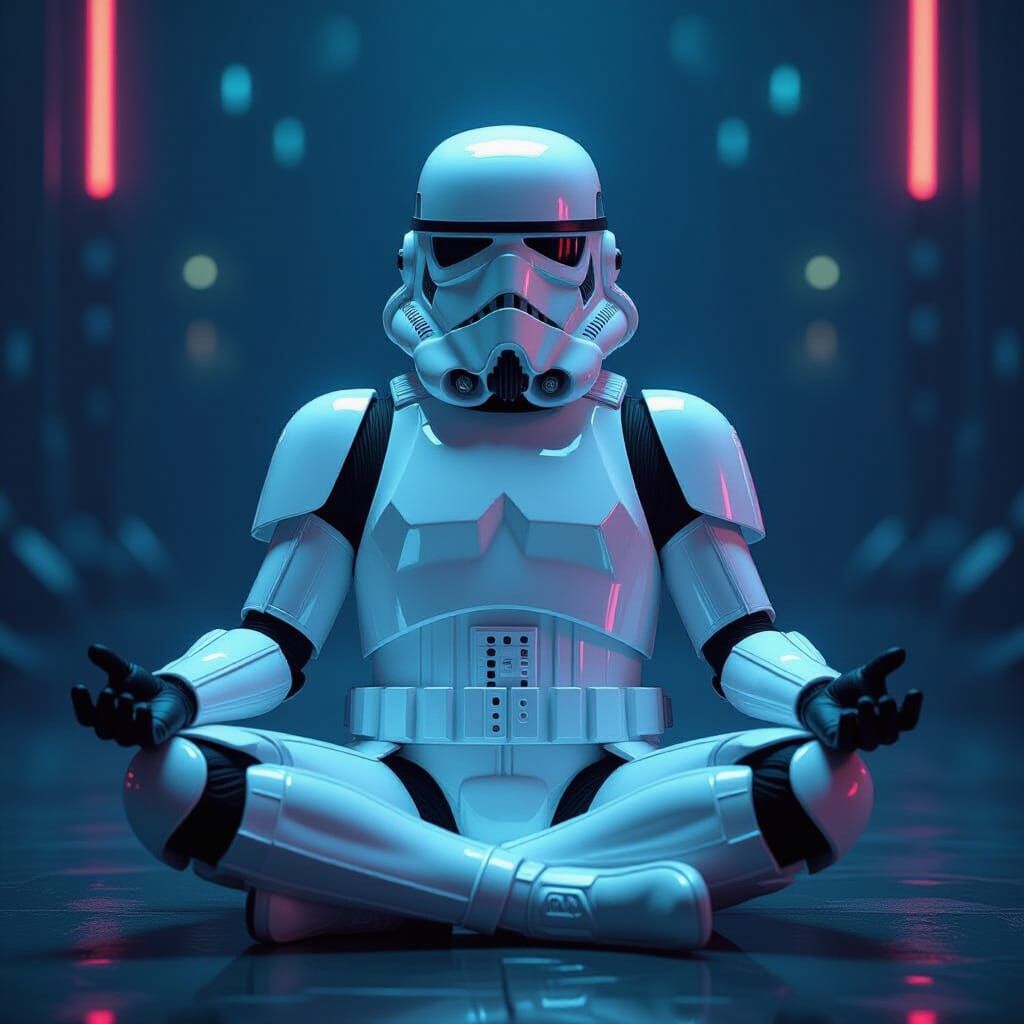 Meditating Stormtrooper in Dimly Lit Imperial Darkness