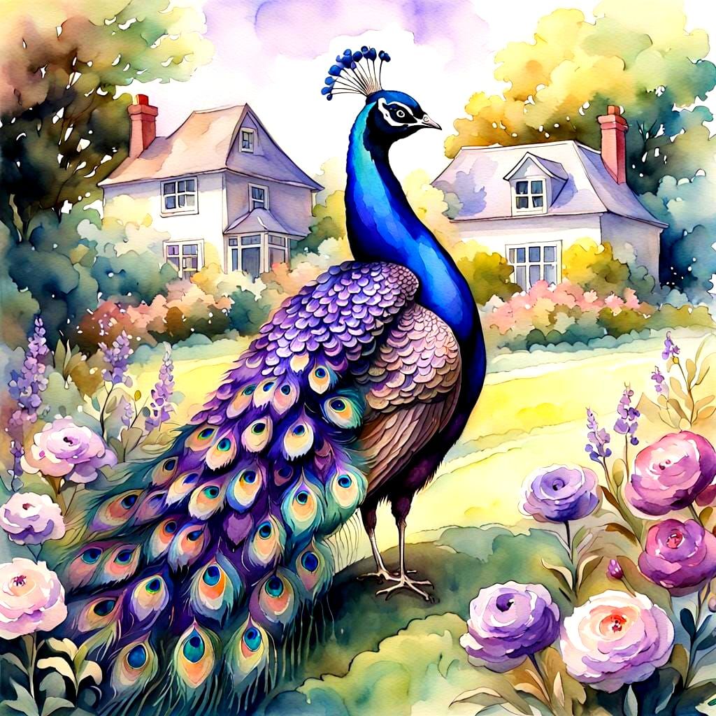 Majestic Purple Peacock in Whimsical Watercolor-Inspired Sce...