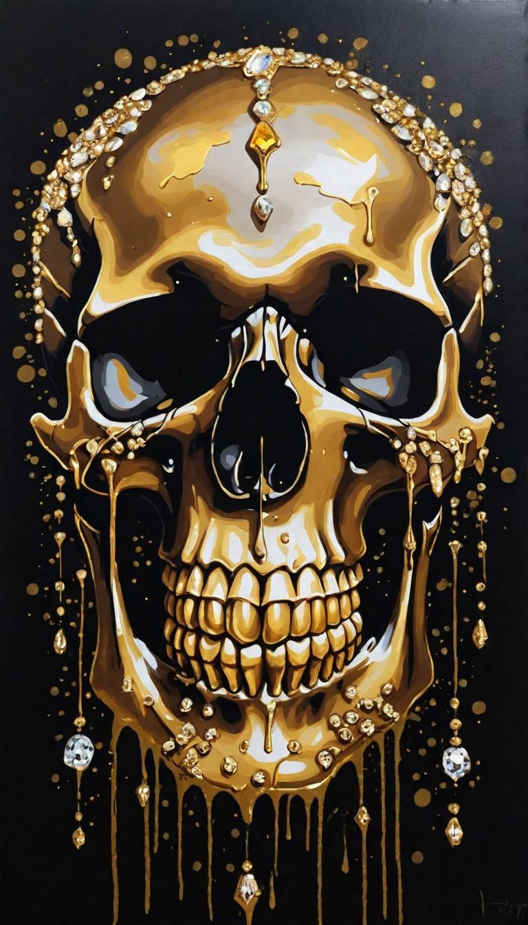 painting of a skull, dark background, dripping gold, gems