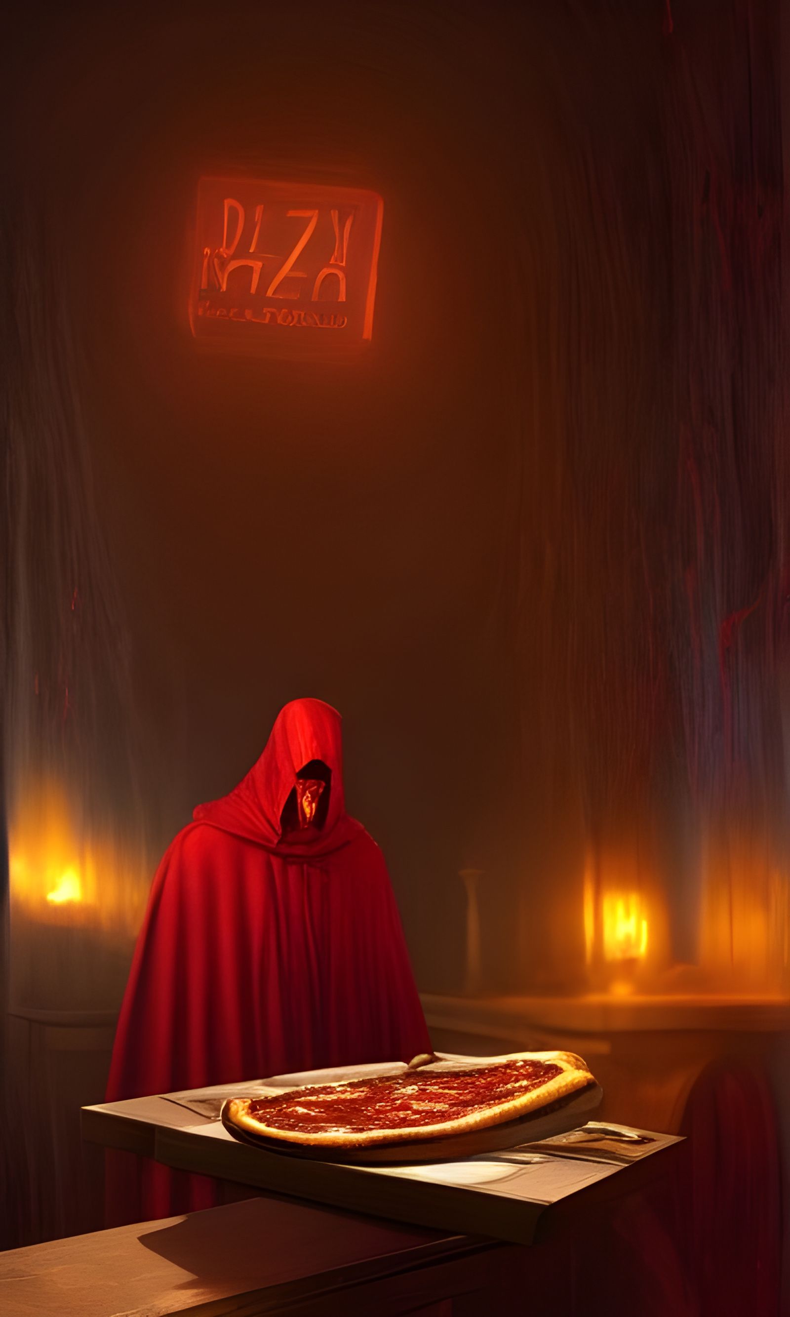 Red Cloak Figure at Pizza Restaurant