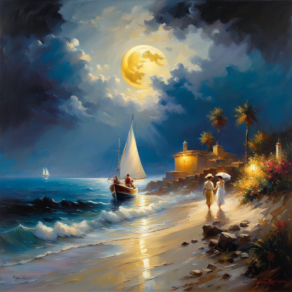 Night Seascape in Style of Pino Daeni