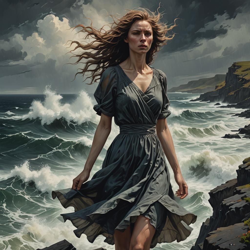 Windswept Woman Gazes at Stormy Sea in Dark Fantasy Style