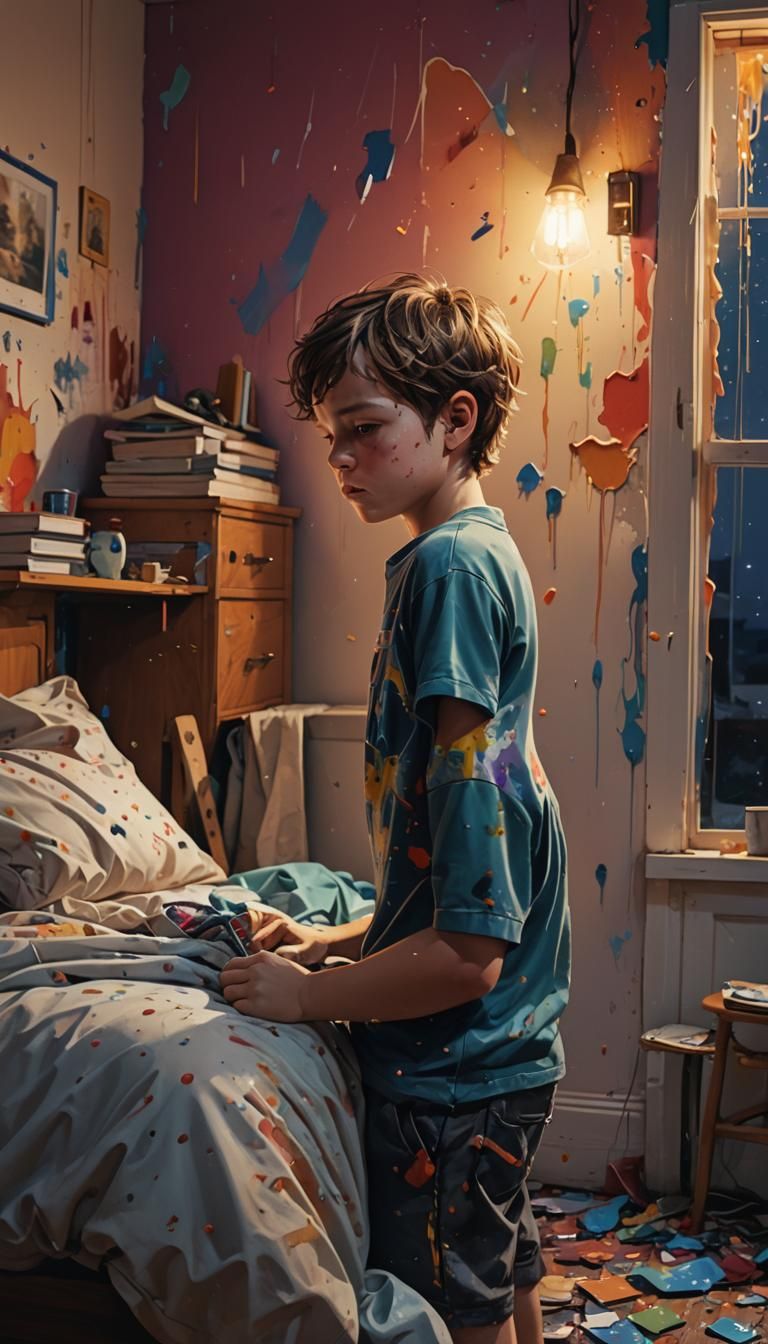 Sad Little Boy Sleeping at Night, Hyperrealistic Art