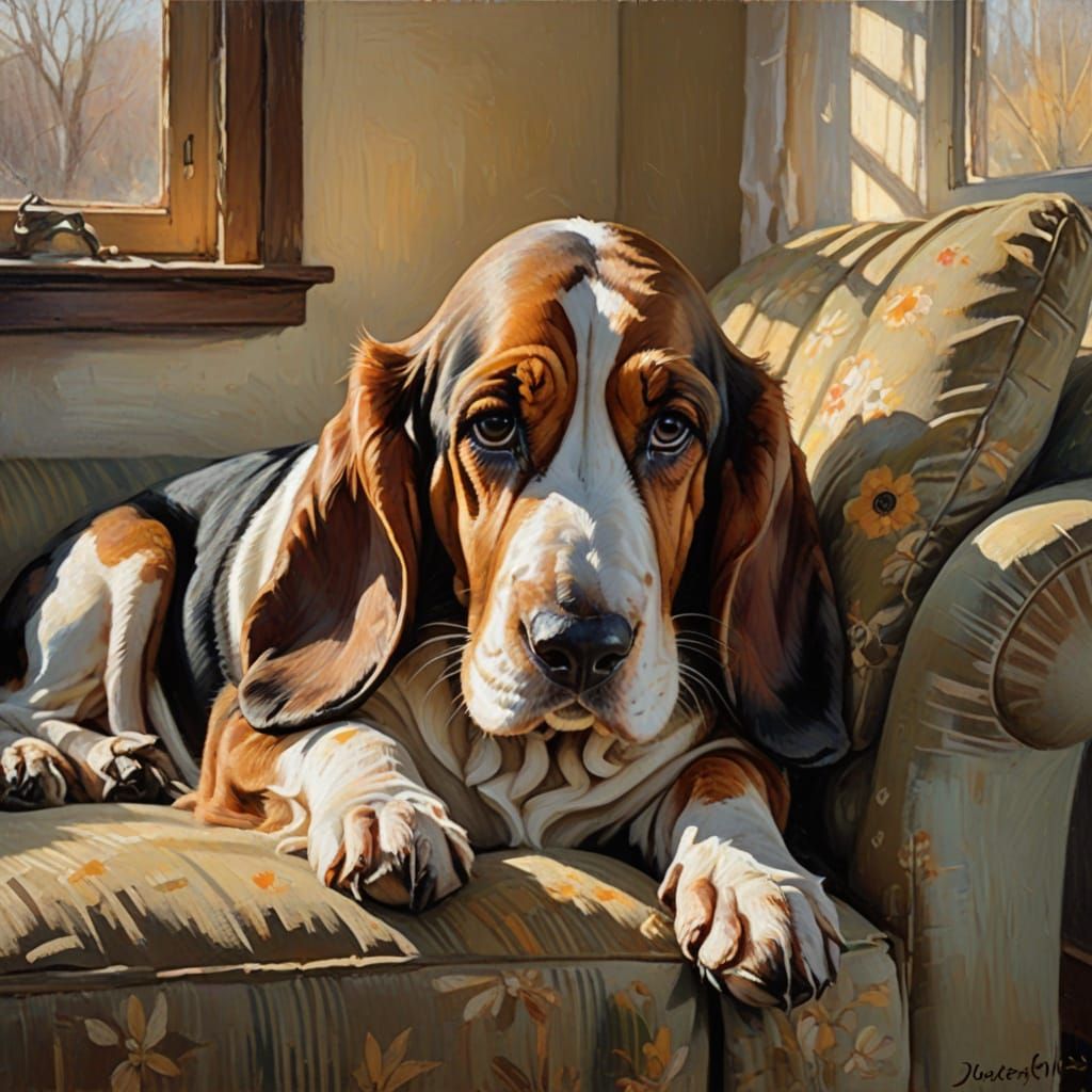 Impressionist Oil Painting of a Sleeping Basset Hound