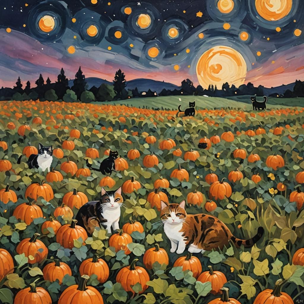 Cats in Pumpkin Field at Night as Gouache Painting
