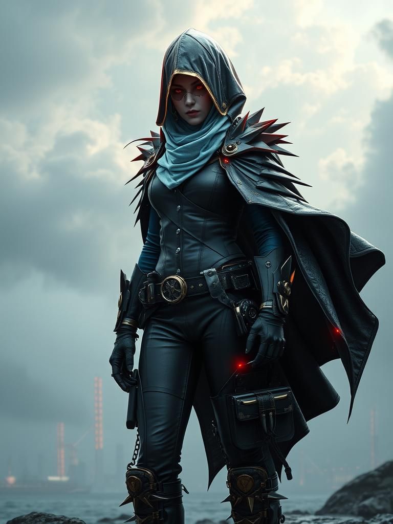 Steampunk Warrior Woman in Cyberpunk Cityscape