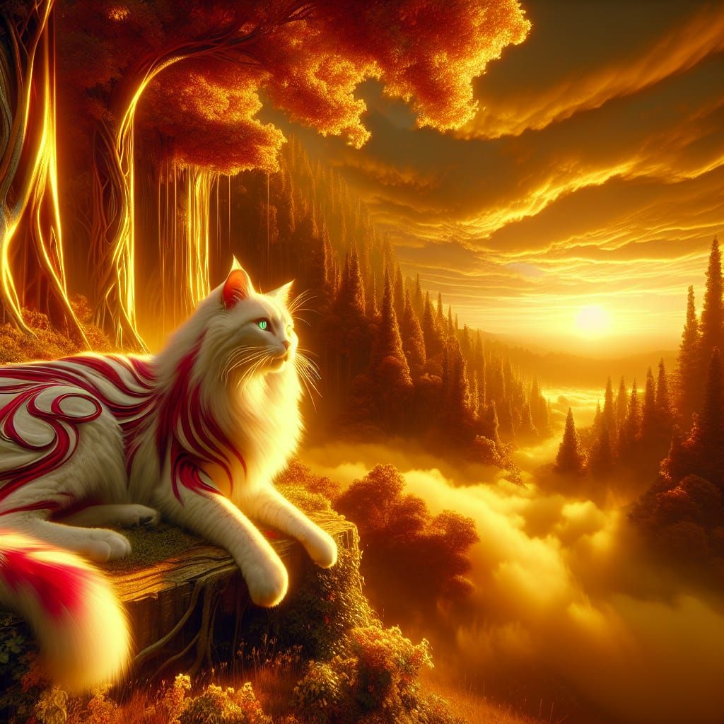 Surreal Golden Dawn Landscape with Majestic White Cat