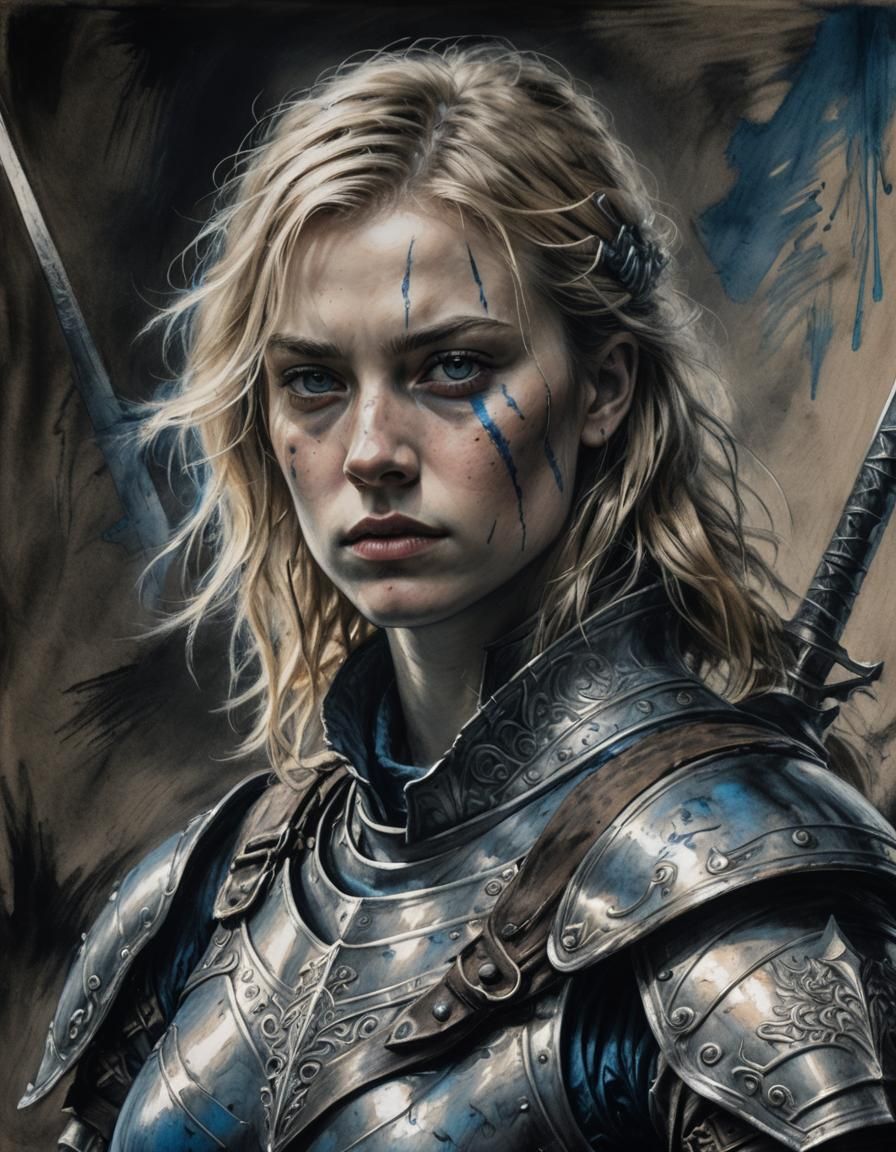 Armored Blonde Warrior in Charcoal Art