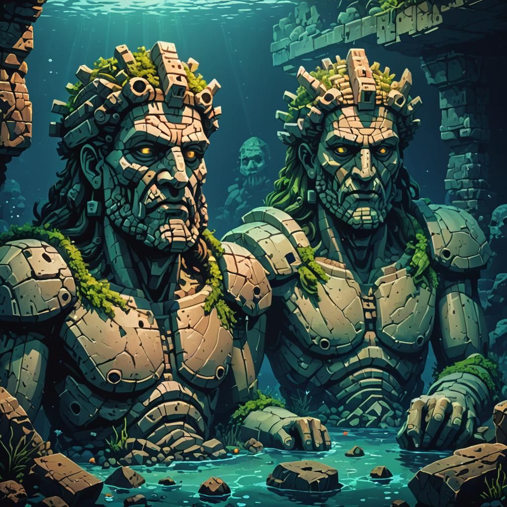 pixel art underwater giant ruined and broken demonic stone heads of ancient colossal statues, front view. They lie recli...