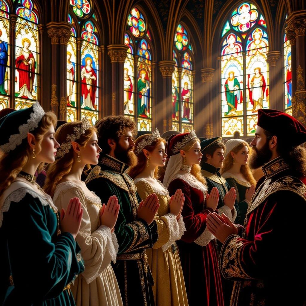 Medieval Congregation in Sainte Chapelle, Paris, in Realist ...