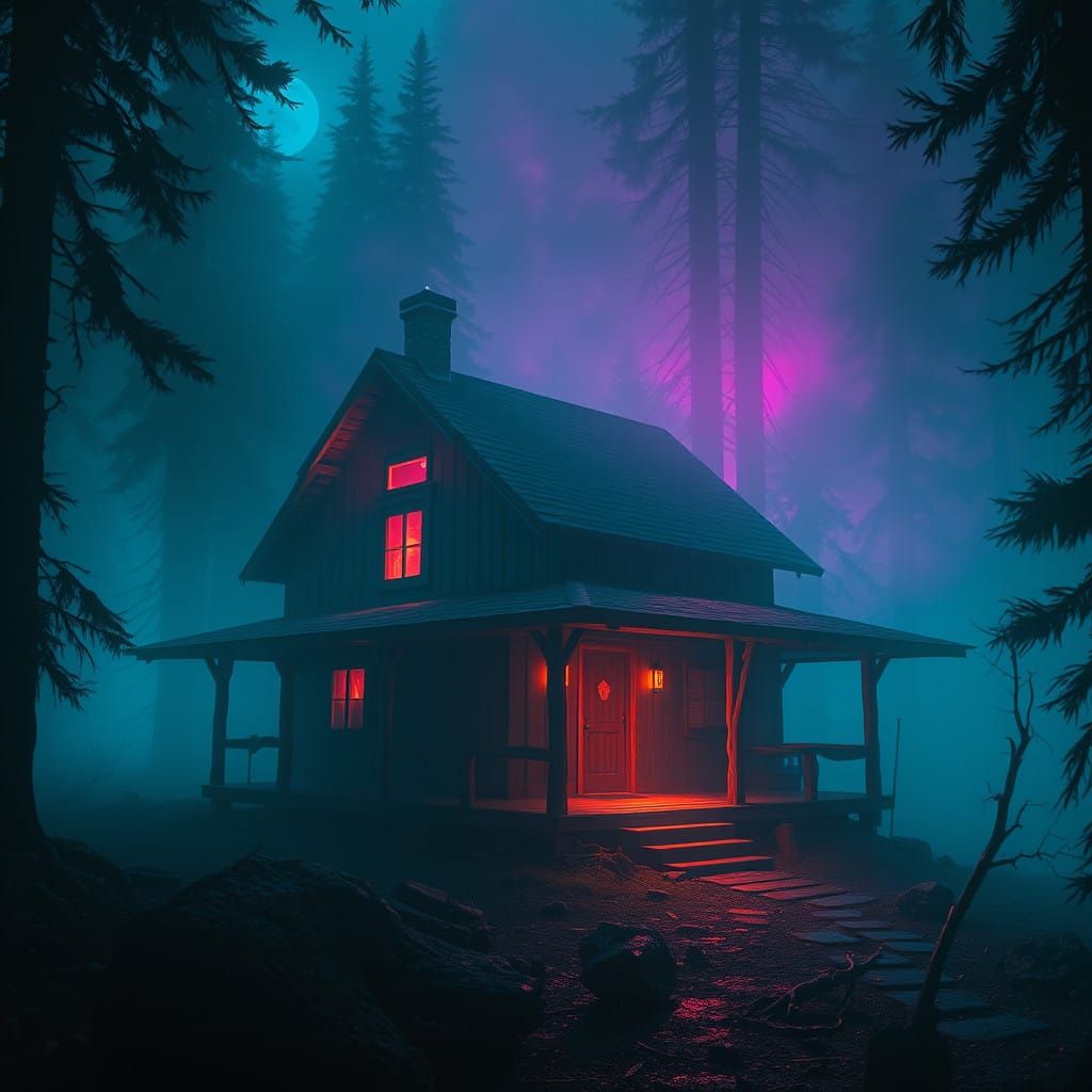 Surreal Pacific Northwest Cabin in Dark Fantasy Realm