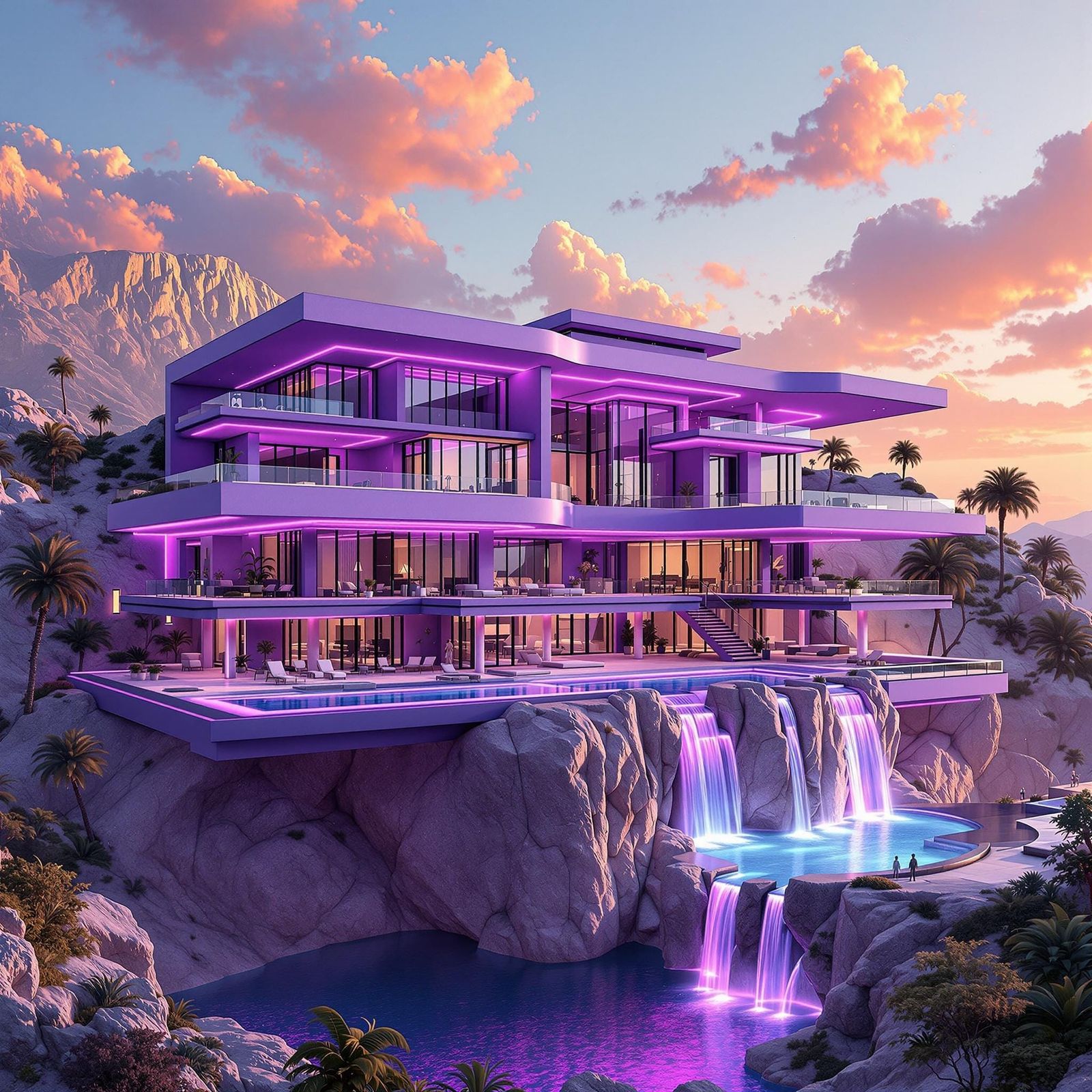 Luxurious Futuristic Mansion with Vibrant Purple Glow