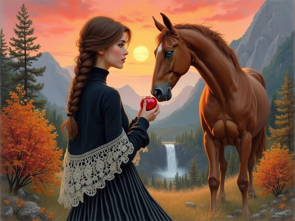 Woman with Horse Amidst Colorful Foliage and Sunset