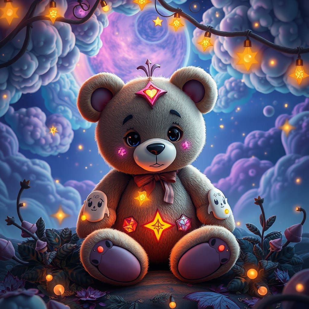 Whimsical Teddy Bear in Dreamlike Fantasy Landscape