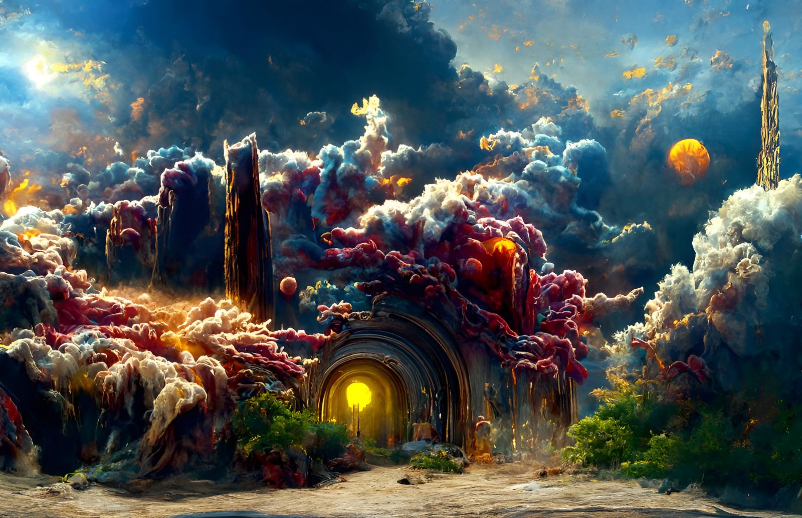 Hellish Seascape with Ancient Ruins in Digital Art