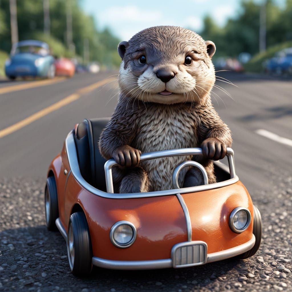 Cute Otter Driving Bumper Car Hyperrealistically