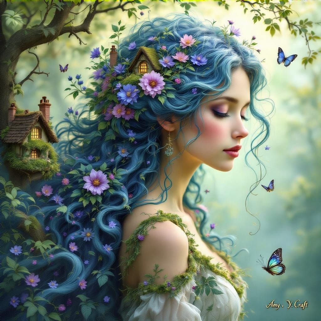 Woman's Hair Becomes a Flourishing Garden