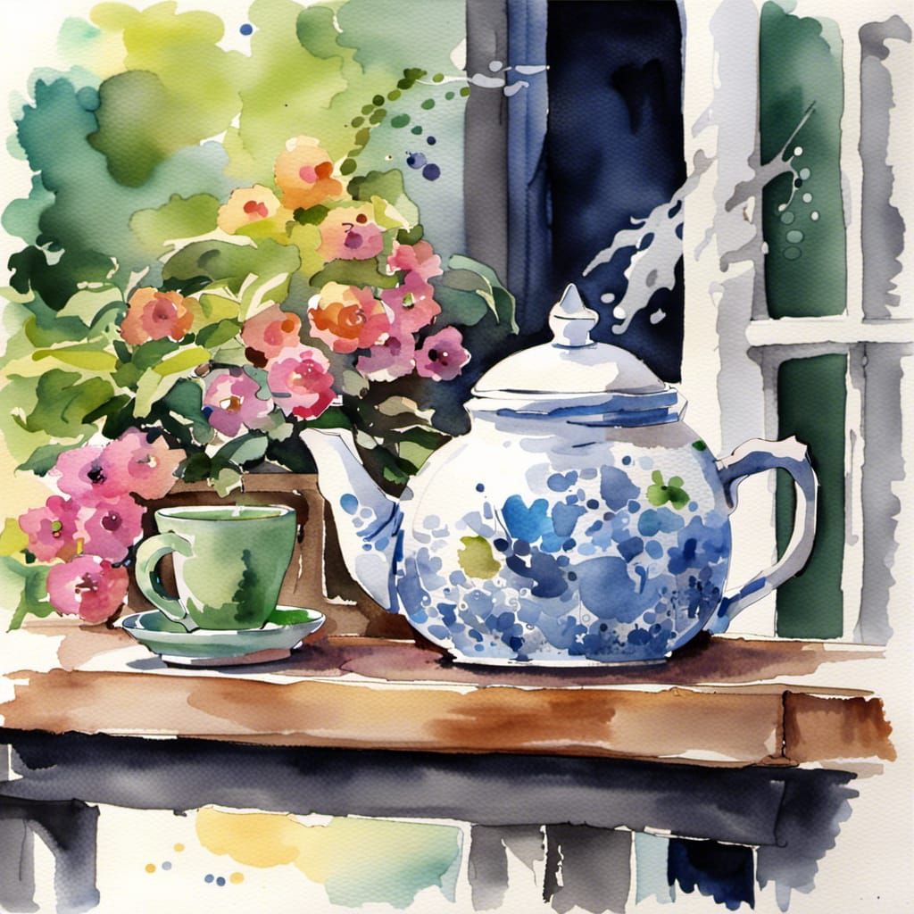 Teapot and Teacup Watercolor Painting on Porch