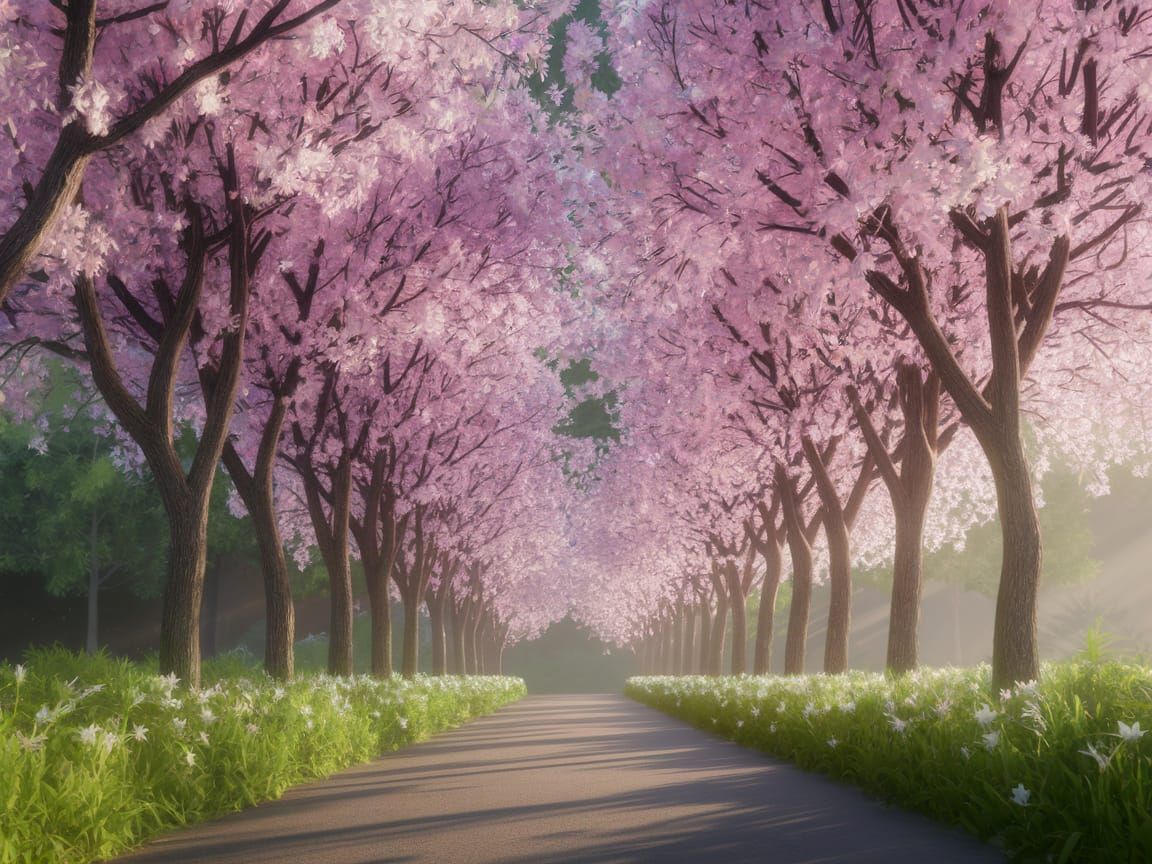 Tree-Lined Path with White Blossoms in Photorealistic Style