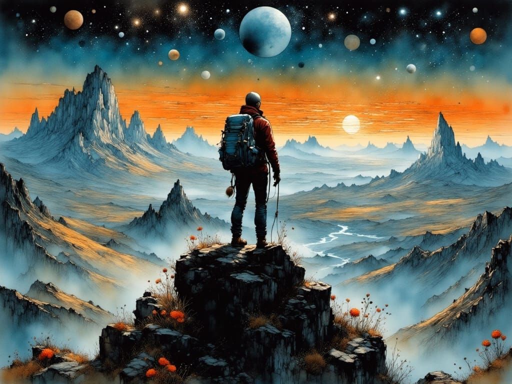 Adventurer Gazes at Cosmic Landscape, Dark Fantasy Art