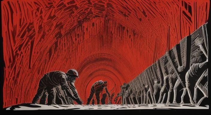 Miners in Coal Mine Tunnel, Linocut Illustration