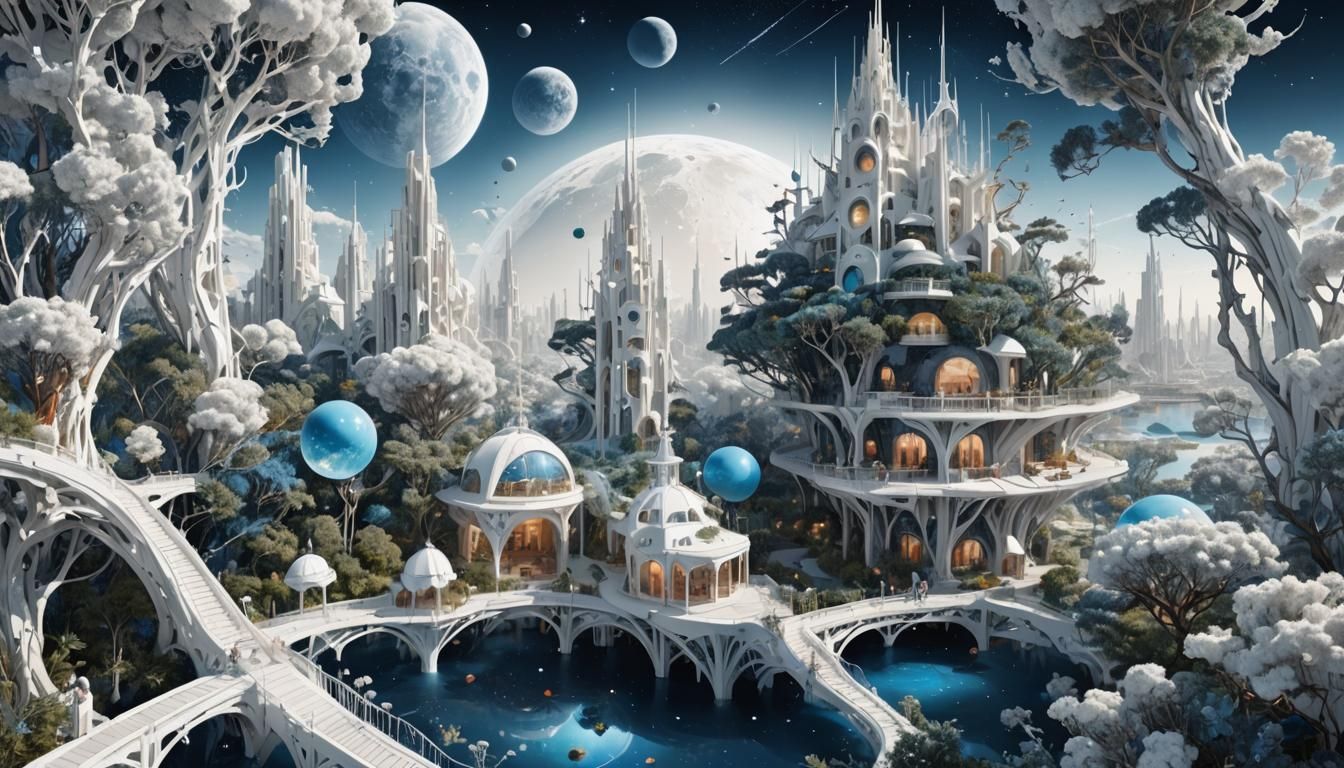Surreal Floating City Integrated with Nature