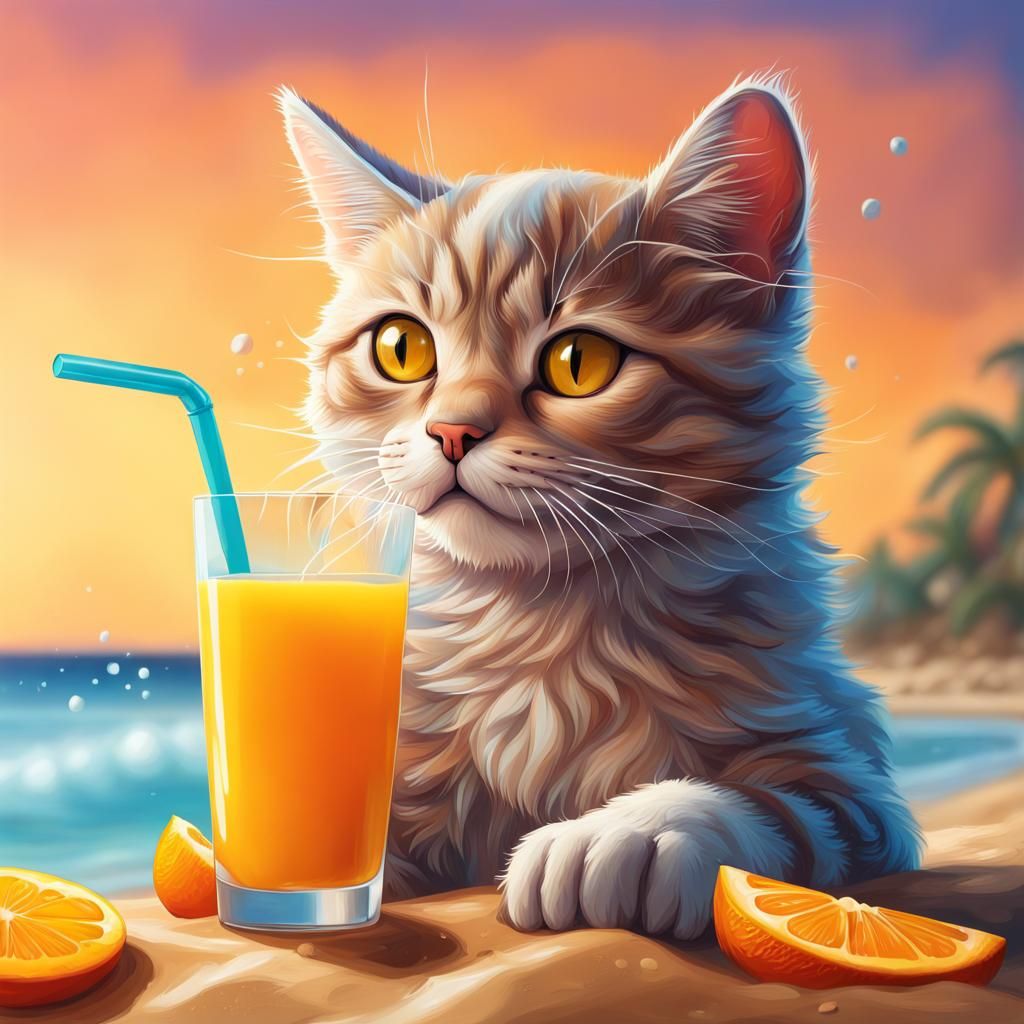 Hyperrealistic Cat Sipping Juice on Beach