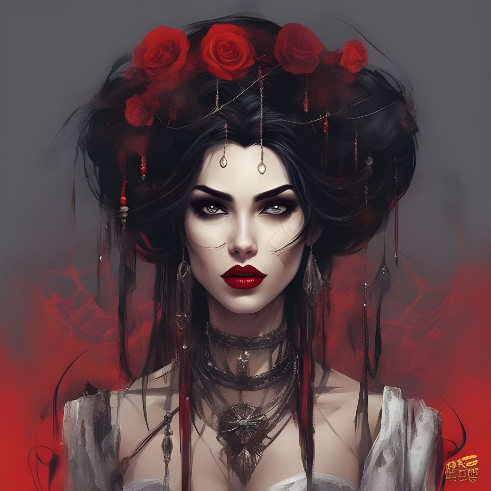 Beautiful Voodoo Witch with Dark Hair and Red Lips