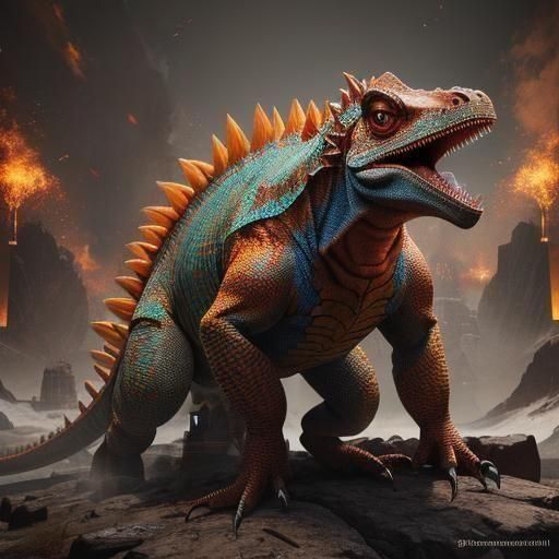 A Quadrupedal behemoth, a large, powerful chameleon dinosaur with a body covered in tough scales. It has a massive, tail...