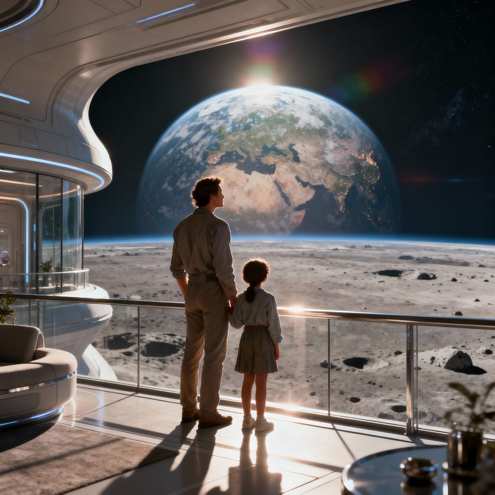 Family Watches Earthrise from Lunar Balcony in 2090